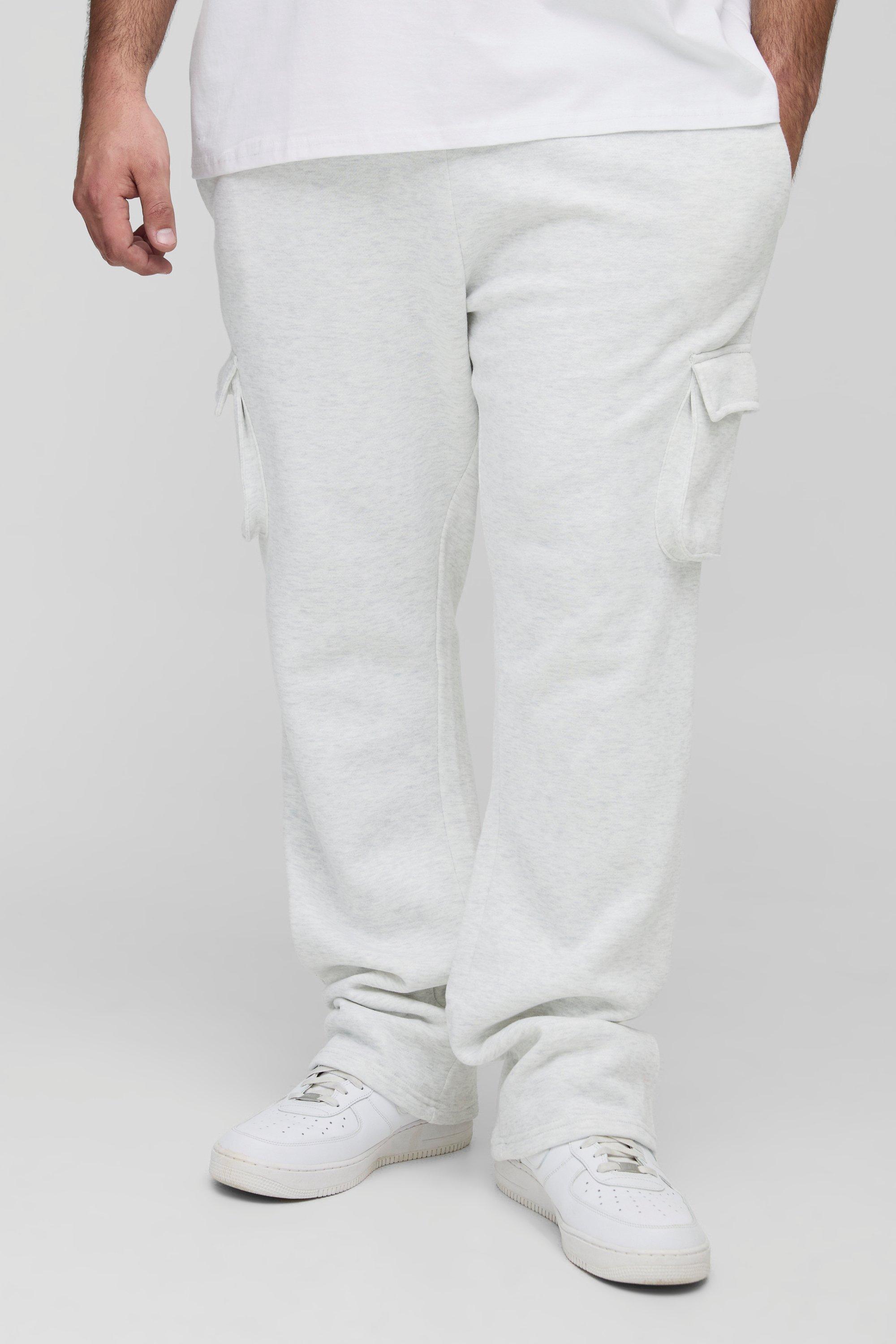 Mens Grey Plus Slim Stacked Flare Cargo Joggers, Grey